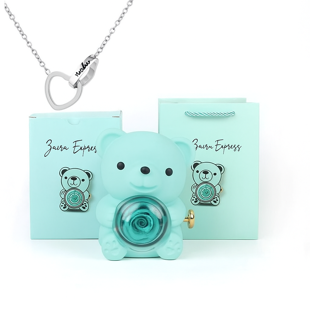 Colar Dueto de Amor & Urso com Rosa Eternizada + Nomes Gravados!🧸