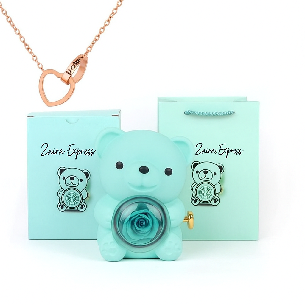 Colar Dueto de Amor & Urso com Rosa Eternizada + Nomes Gravados!🧸
