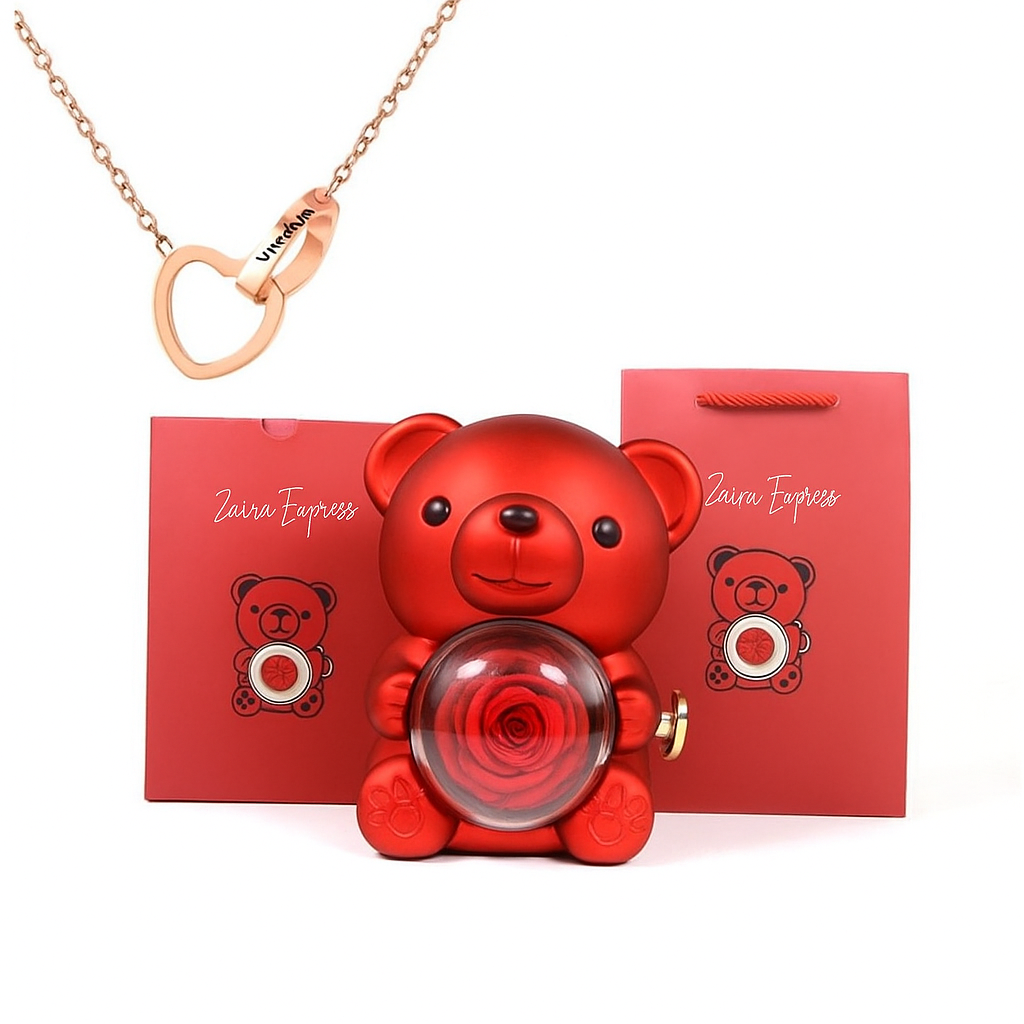 Colar Dueto de Amor & Urso com Rosa Eternizada + Nomes Gravados!🧸
