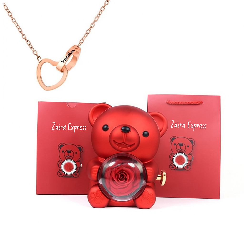 Colar Dueto de Amor & Urso com Rosa Eternizada + Nomes Gravados!🧸