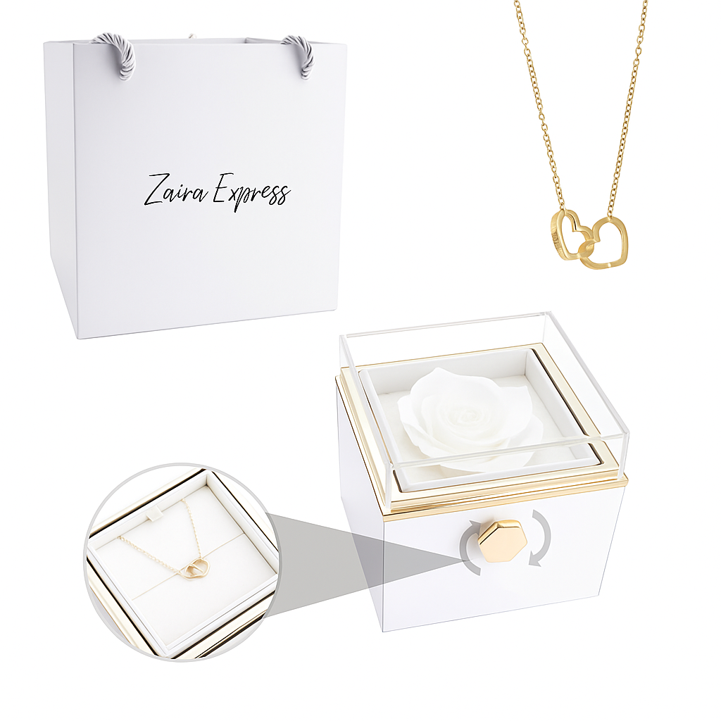 💖 Colar Dois Corações com Rosa Eternizada + Nomes Gravados!