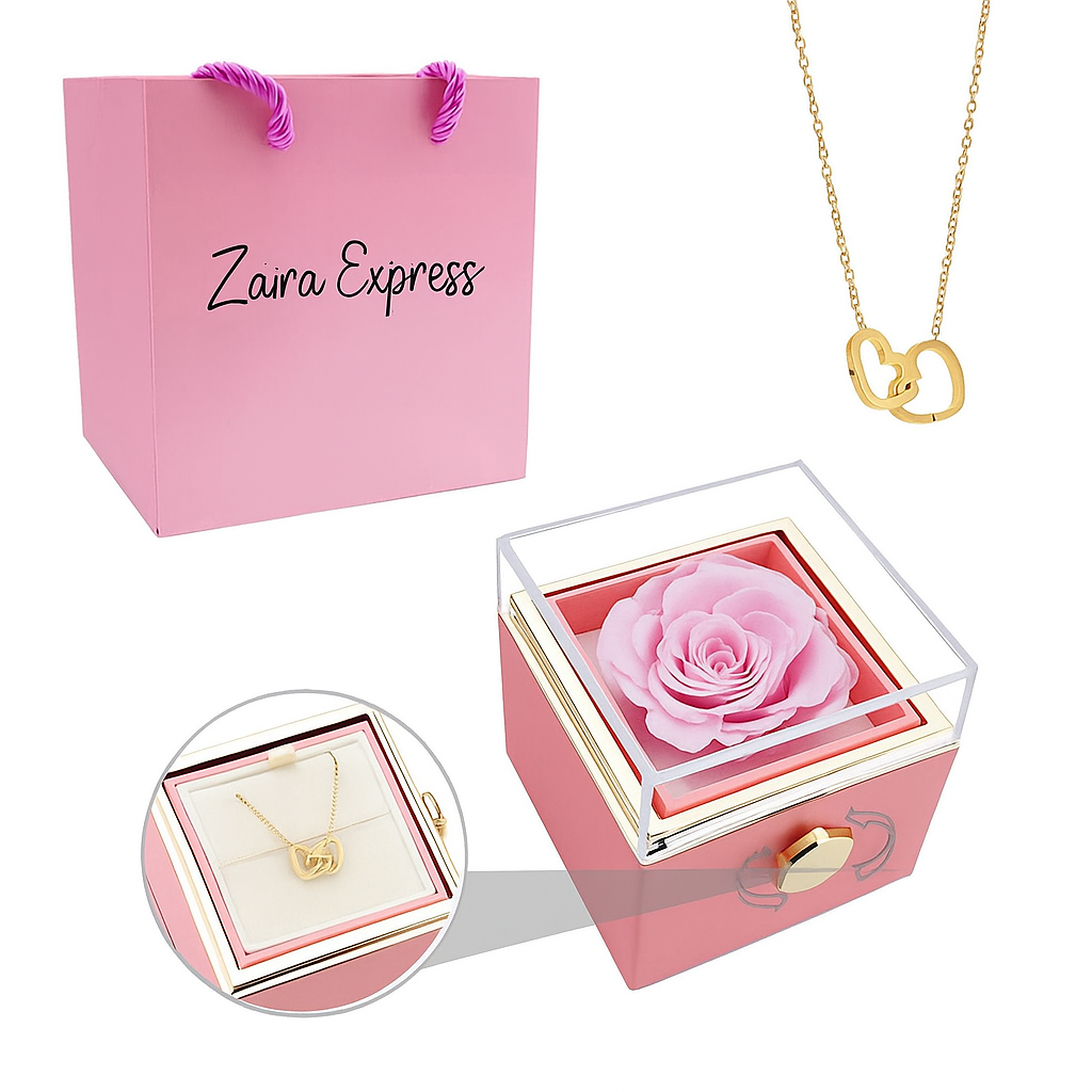 💖 Colar Dois Corações com Rosa Eternizada + Nomes Gravados!