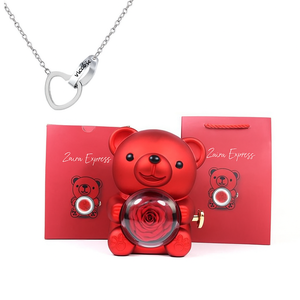 Colar Dueto de Amor & Urso com Rosa Eternizada + Nomes Gravados!🧸