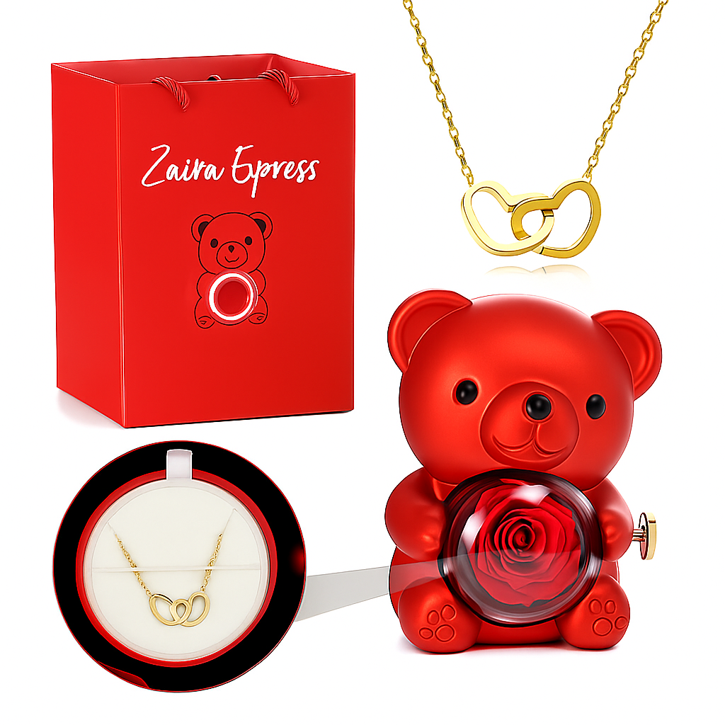 Colar Dueto de Amor & Urso com Rosa Eternizada + Nomes Gravados!🧸
