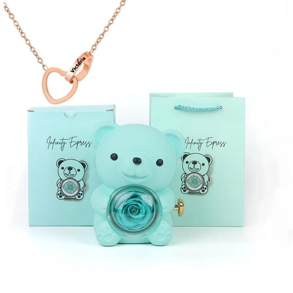 Colar Dueto de Amor & Urso com Rosa Eternizada + Nomes Gravados!🧸