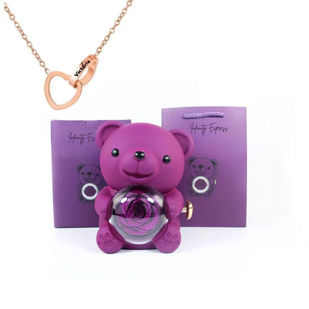 Colar Dueto de Amor & Urso com Rosa Eternizada + Nomes Gravados!🧸