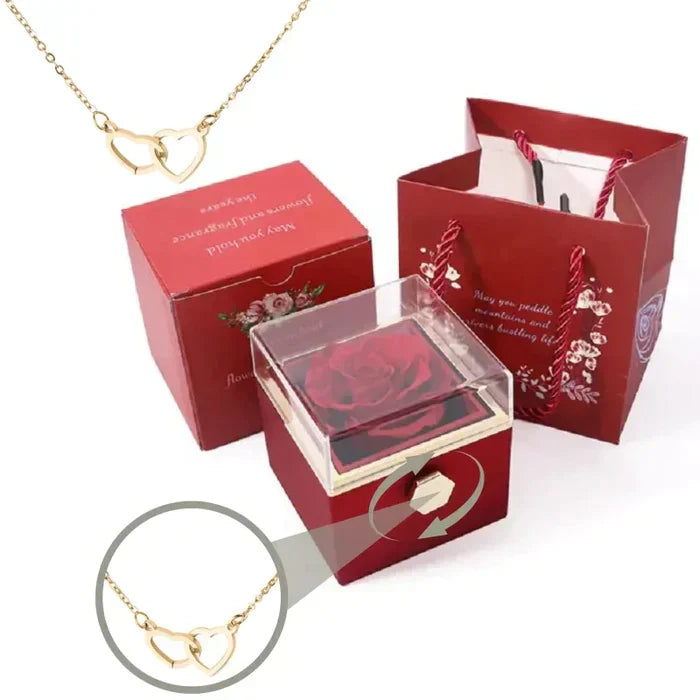 💖 Colar Dois Corações com Rosa Eternizada + Nomes Gravados!